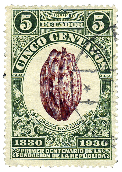 cacaoboon postzegel groen bruin