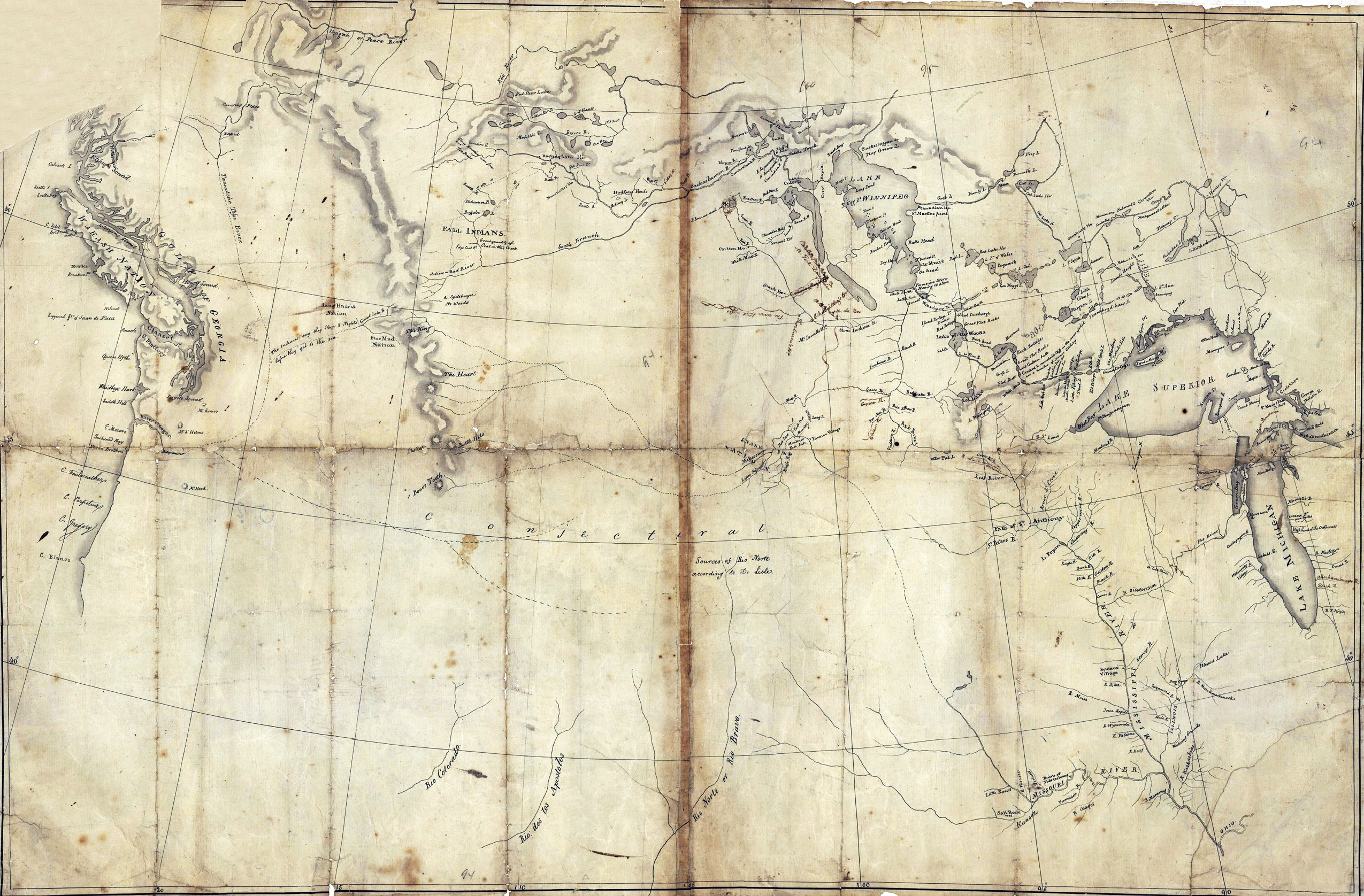 1803 Lewis and Clark map, annotations in brown by Meriwether Lewis, tracing Mississippi and Missouri Rivers, Lakes Michigan, Superior, and Winnipeg, onwards to the Pacific. by Nicholas King, ca.1803; Shutterstock ID 239398342; Job: Lewis and Clarke ; PO: Seasons 04 2016