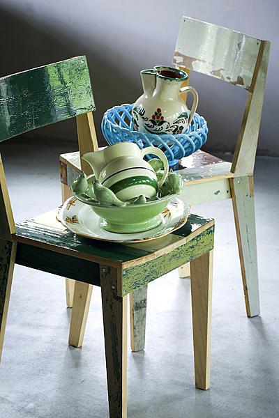 stoel sloophout groen keramiek