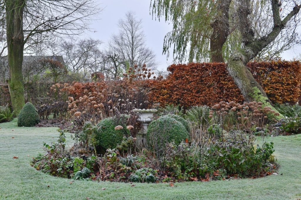 wintertuin - ronde border - beukenhaag - laagje rijp